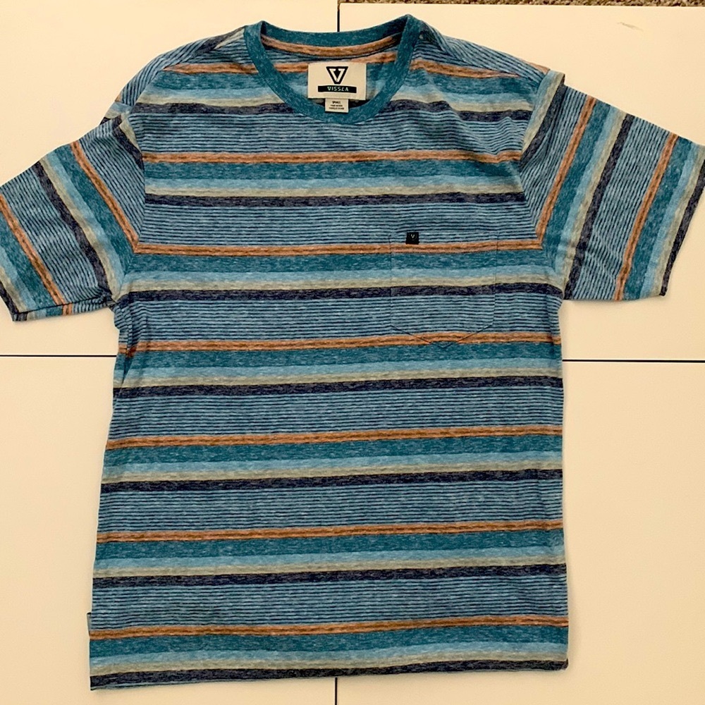 Striped blue black and yellow Vissla t shirt cotton